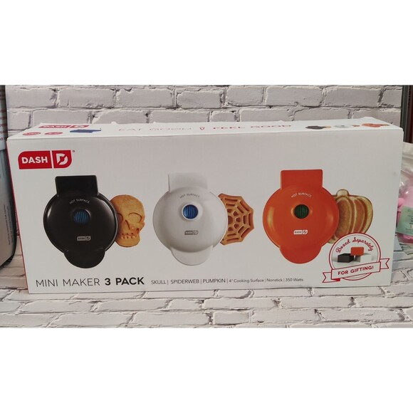 Mini Waffle Maker Set of 3 Pumpkin, Skull and Spider Web-NEW - Picture 1 of 12